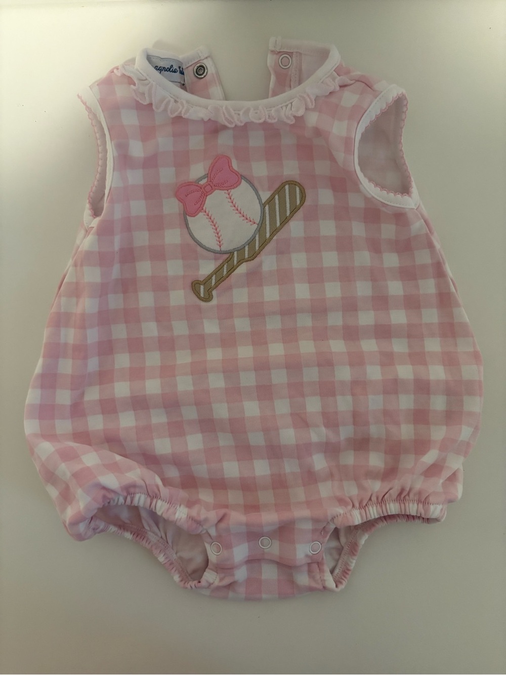 Baby Girl Pink Gingham Bubble Romper Baseball 6M